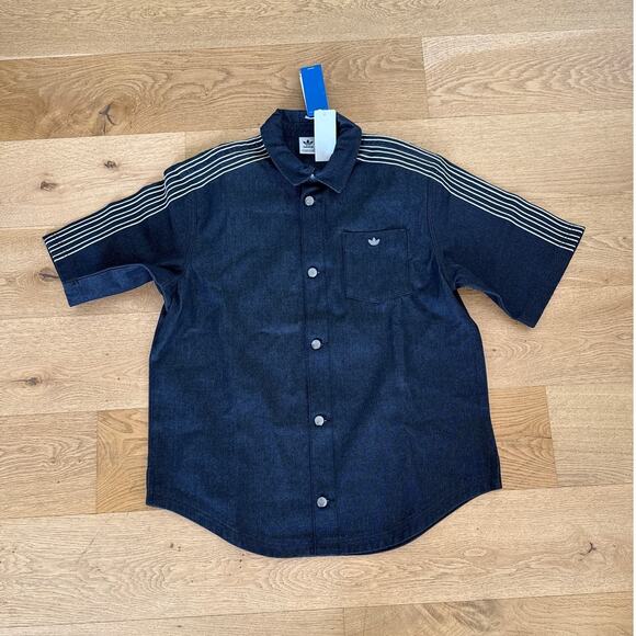 Adidas Denim Short Sleeve Button Front Shirt in Blue